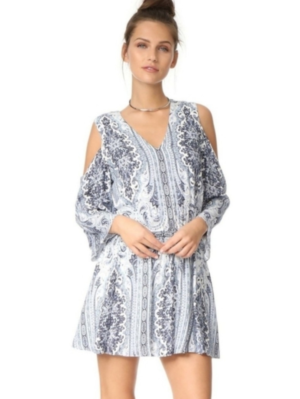 Alice and Olivia blue and white cold shoulder smocked waist dress